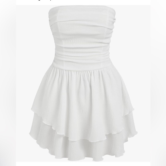 Strapless Ruched Ruffle White Mini Dress - Picture 2 of 3